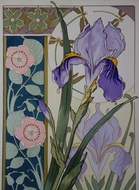 Iris Art Nouveau, Fiori Art Deco, Iris Illustration, Art Nouveau Iris, Fleurs Art Nouveau, Motifs Art Nouveau, Iris Art, Art Nouveau Illustration, Art Nouveau Pattern