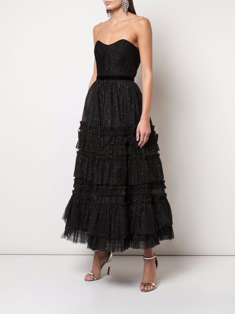 Ruffle Texture, Black Strapless Gown, Embroidered Cocktail Dress, Gown Skirt, Designer Evening Gowns, Designer Evening Dresses, Strapless Gown, Tea Length Dresses, Designer Gowns