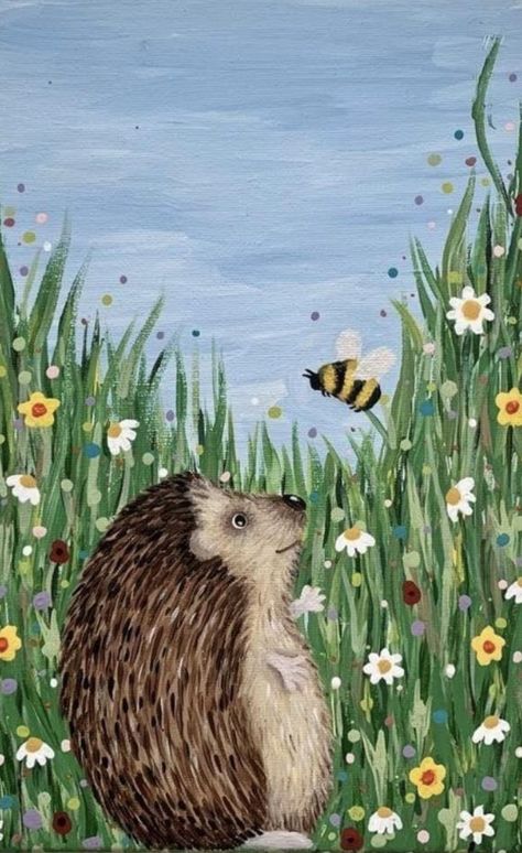 Meadow Drawing, Animal Paintings On Canvas, Hedgehog Painting, Meadow Painting, Bee Painting, Simple Canvas Paintings, Cute Canvas Paintings, Inspiration Painting, Spring Painting