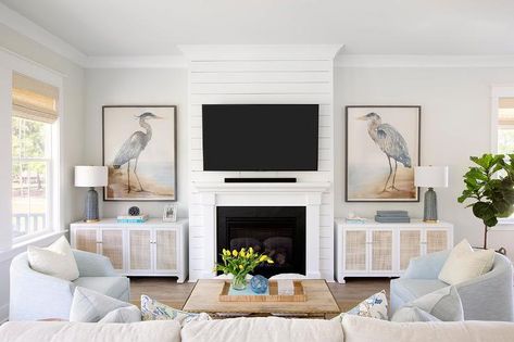 Either Side Of Fireplace, Side Of Fireplace, Shiplap Trim, Fireplace Design Ideas, Tan Living Room, White Mantel, White Sectional, White Shiplap, Transitional Living