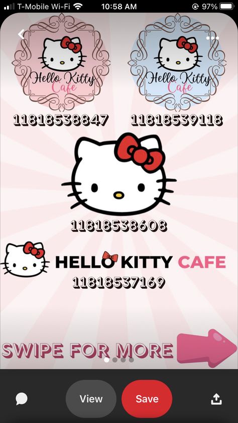 Hello Kitty Restaurant, Cafe Hello Kitty, Mall Ideas, Hello Kitty Store, Roblox Images, Blox Burg, Bloxburg Decals Codes Aesthetic, Roblox Decals, Cafe Pictures