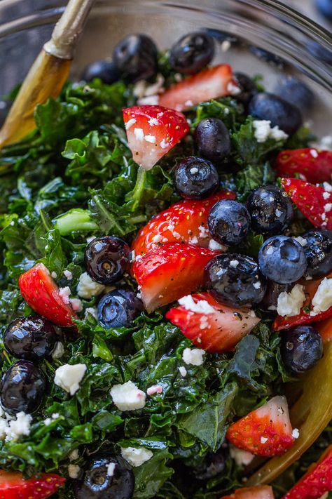 Blerbs, Strerbs, and Kerl! Summer Kale Salad, Salad With Blueberries, Fried Kale, Strawberry Chicken Salad, Blueberry Salad, Shrimp Salad Recipes, Kale Salad Recipes, Berry Salad, Kale Recipes