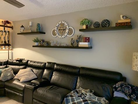 Open Shelving Behind Couch, Picture Shelves Above Couch, Shelves Above Couch Living Room, Large Living Room Wall Ideas, Shelving Behind Couch, Shelves Above Sofa, Shelves Behind Couch, Shelves Over Couch, Floating Shelves Above Couch