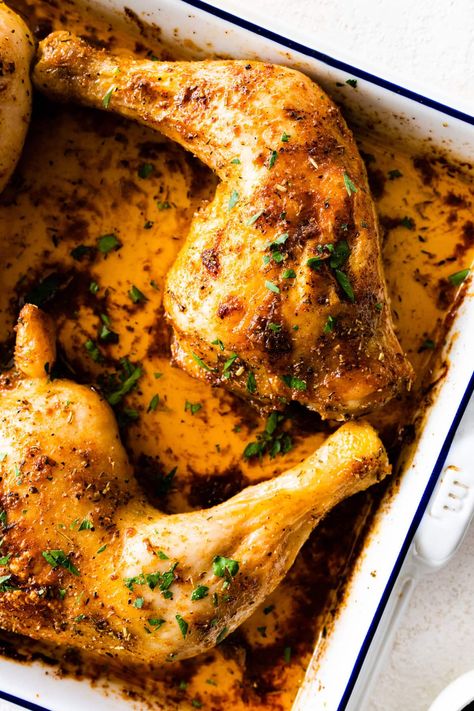 Easy Baked Chicken Leg Quarters Recipe (Juicy!) Chicken Leg Quarters Recipes Oven, Baked Chicken Quarters In The Oven, Baked Chicken Leg Quarters, Baked Chicken Quarters, Roasted Chicken Leg Quarters, Chicken Quarter Recipes, Chicken Leg Quarter Recipes, Oven Baked Chicken Legs, Roasted Chicken Legs