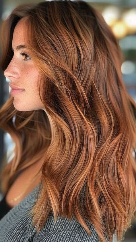 Fall Strawberry Blonde Hair Color Balayage, Fall Auburn Hair Highlights, Slightly Red Hair, Pumpkin Spice Ombre Hair, Brown To Auburn Hair Before And After, Deep Copper Hair Color With Highlights, Fall Hair Vibes, Cool Tone Fall Hair, Summer Copper Hair Highlights