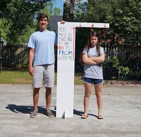 You must be this tall to say no Funny Promposal, Caleb Bratayley, Cute Promposals, Prom Proposals, Cute Homecoming Proposals, Cute Prom Proposals, Asking To Prom, Dance Proposal, Prom Couples