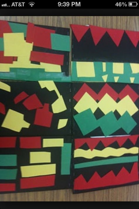 Geometric art Kwanzaa Preschool, Diy Kwanzaa Decorations, December Holidays Around The World, Kwanzaa Party, Kwanzaa Crafts, Kwanzaa Activities, Kwanzaa Decorations, December Activities, Preschool Projects