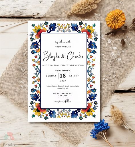 Mexican Wedding Invitation, Talavera Tile Floral Invites, Fiesta Wedding, Red and Blue Folk Art Invitation, Boho Rustic Wedding Invite Mexican Wedding Invitations, Fiesta Wedding, Talavera Tile, Wedding Red, Art Invitation, Wedding Invitations Boho, Invitation Floral, Flower Invitation, Mexican Wedding