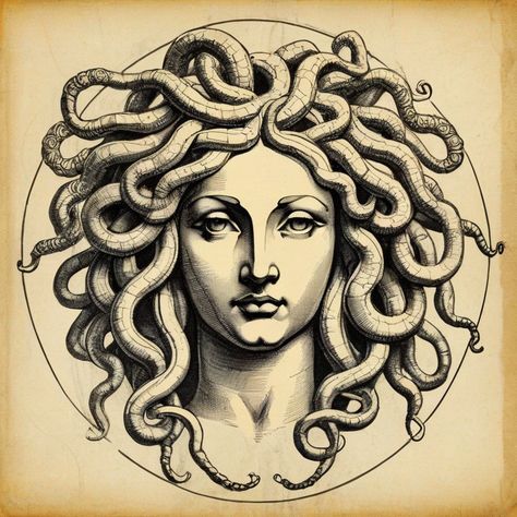 Madussa Tattoo Design Women, Medusa Face, Medusa Mythology, Medusa Chest Tattoo, Sketch Of Medusa, Medusa Portrait, Medusa Digital Art, Medusa Artwork Greek Mythology, Medusa Holding Perseus Head Drawing