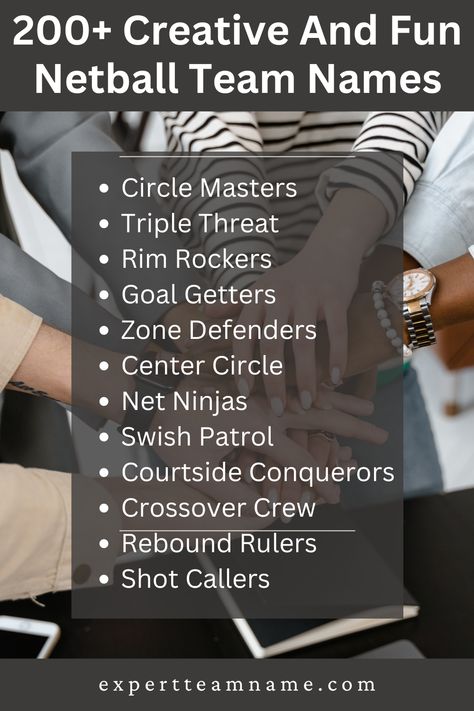 Having a great team name is an essential part of building a successful netball club. It creates an identity that players can rally behind and be proud to represent. But coming up with a name that is unique, memorable, and reflects the spirit of your team can be a challenge. Netball Team Names, Team Names Funny, Goal Getter, Name Ideas, Netball, Triple Threat, Cool Ideas, Great Team, Team Name