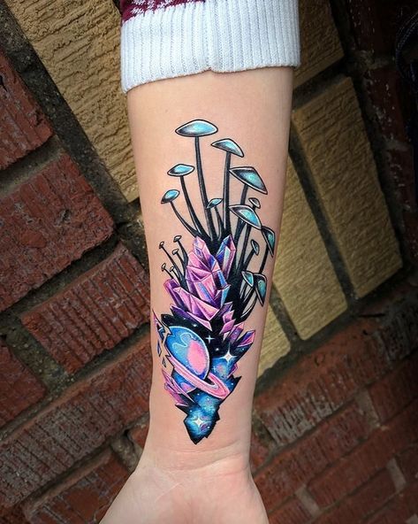 Mushroom crystal universe. #charlottetattooers #tattoosofinstagram #nctattooers #inkmagazine #crystaltattoos #mushroomtattoo… Colorful Tattoo Designs, Original Tattoo Ideas, Dr Tattoo, Colorful Tattoo, Colorful Tattoos, Crystal Tattoo, Crystal Drawing, Mushroom Tattoos, Original Tattoos