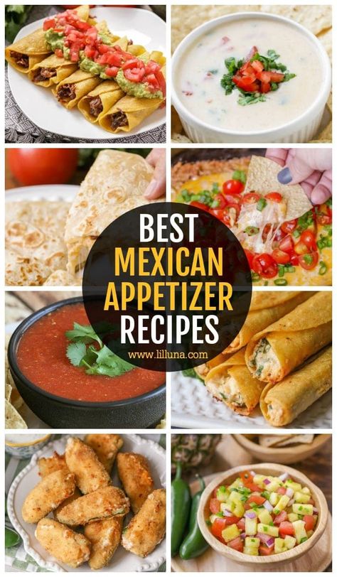 This collection of Mexican Appetizer Recipes contains all the best dips, salsas, and quick and easy appetizers that will perfectly compliment your entrees! #mexicanappetizers #mexican #appetizers #mexicanrecipes #dips Mexican Happy Hour, Mexican Happy Hour Appetizers, Spanish Finger Food, Easy Mexican Appetizers Finger Foods, Easy Mexican Appetizers, Mexican Appetizer Recipes, Mexican Finger Foods, Mexican Appetizers Easy, Best Dips