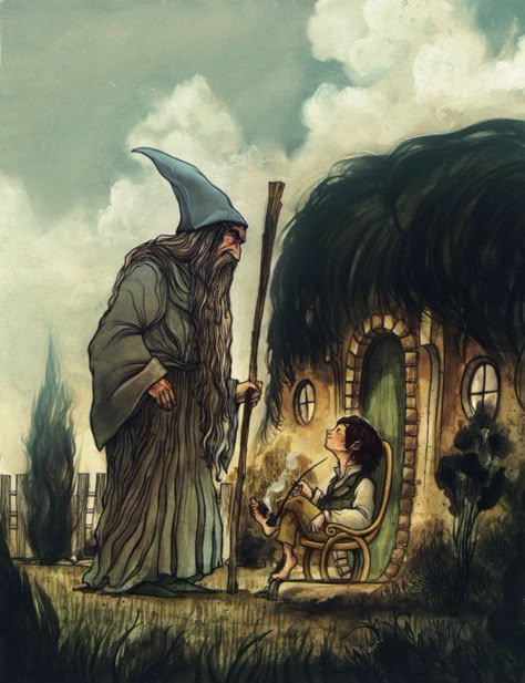 Illustration by Cory Godbey.  "Good morning!" said Bilbo, and he meant it.  "What do you mean?" [Gandalf] said.  "Do you wish me a good morning, or mean that it is a good morning whether I want it or not; or that you feel good this morning; or that it is a morning to be good on?"  "All of them at once," said Bilbo.  - J.R.R. Tolkien Arte Nerd, Middle Earth Art, Tolkien Art, Lotr Art, There And Back Again, Psy Art, Bilbo Baggins, Jrr Tolkien, Gandalf