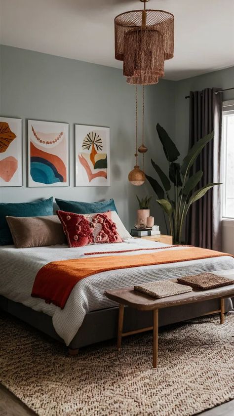 Bold Guest Bedroom, Colorful Scandinavian Bedroom, Eclectic Bedroom Aesthetic, Bedroom Ideas Eclectic, Colorful Guest Bedroom, Eclectic Guest Bedroom, Boho Scandinavian Bedroom, Modern Colorful Bedroom, Rustic Bedroom Decor Ideas