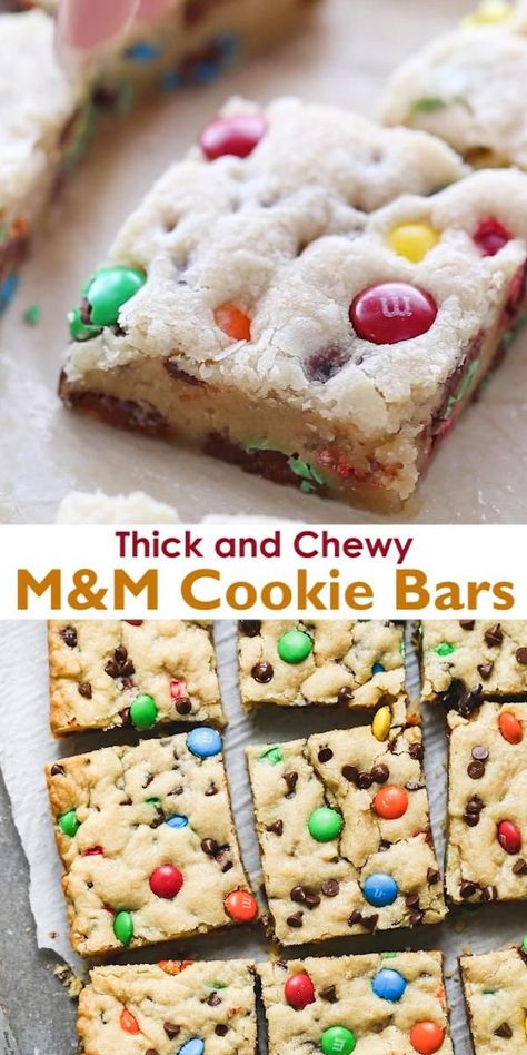 These thick and chewy M&M Cookie Bars will be your new favorite! Crisp on the outside and soft on the inside; EASY and better than a bakery! Halloween Party Food Appetizers, Appetizers Videos, Halloween Party Food, Dessert Bar Recipe, Food Appetizers, Cookie Bar Recipes, Lost 100 Pounds, Fun Baking Recipes, Pantry Staples