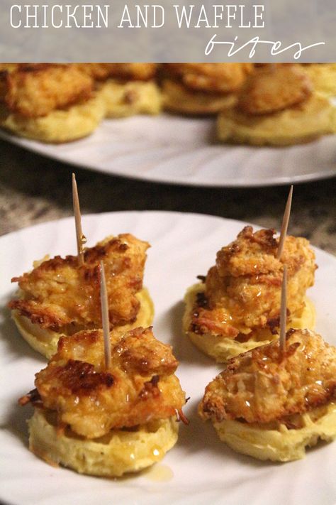 Chicken and Waffle Bites | RainstormsandLoveNotes.com Chicken And Waffle Bites, Appetizers Wedding, Appetizers Chicken, Vegan Superbowl Snacks, Waffle Bites, Wedding Chicken, Ideas For Appetizers, Baked Chicken Strips, Mini Appetizers