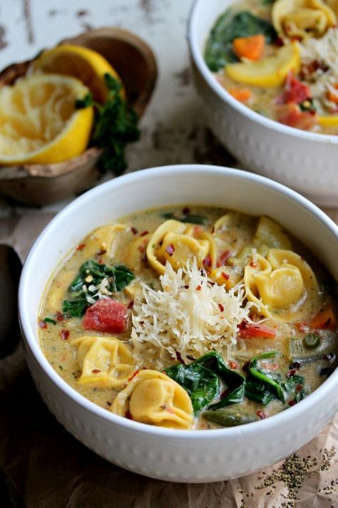 Creamy Vegan Tortellini and Vegetable Soup with Pesto Vegetarian Tortellini Soup, Vegetarian Tortellini, Vegan Tortellini, Soup With Pesto, Soup Tortellini, Pesto Soup, Soup For Dinner, Creamy Tortellini, Creamy Tortellini Soup