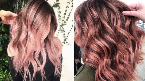 Rose Gold And Auburn Hair, Rose Gold And Blonde Highlights On Brown Hair, Caramel Rose Gold Hair, Rose Colored Hair For Brunettes, Rose Gold Hair Ombre Balayage, Rose Gold Hair Color Ideas, Gold Rose Hair Color, Copper And Rose Gold Hair, Rose Gold Babylights