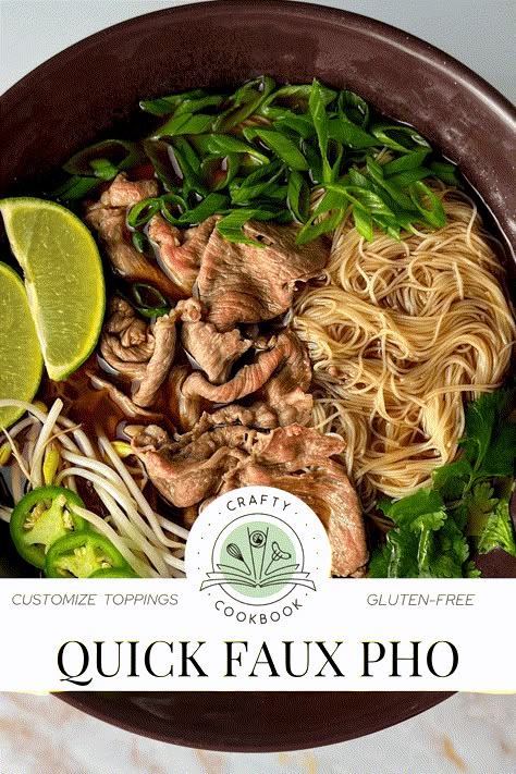 Faux Pho (Quick Beef Soup with Rice Noodles) Beef Pho Soup Recipe Easy, Crockpot Pho Recipe, Rice Noodles And Beef, Thai Beef Noodle Soup, Rice Noodle Soup, Pho Recipe Easy Beef, Beef Pho Instant Pot Recipes, Beef Pho Recipe Easy, Pho Noodle Soup Recipe Beef