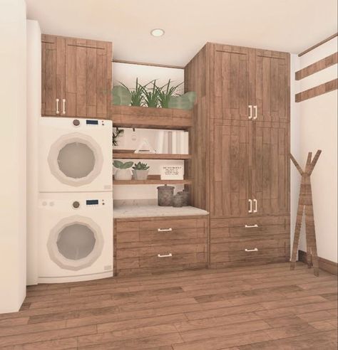 Bloxburg Small House Interior, Aesthetic Roblox Bloxburg Houses, Cute Bloxburg Decor Ideas, Aesthetic Home Layout, Suburban Laundry Room Bloxburg, Bloxburg House Floor Plan 1 Floor, Bloxburg Home Decor, Laundry Room Design Bloxburg, Bloxburg House Ideas Exterior Vintage