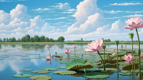 Lotus Flower Photography, Desktop Wallpaper 1920x1080, Blue Sky White Clouds, Lotus Flower Wallpaper, Painting Lotus, Aesthetic Laptop, Lotus Flower Art, Lotus Painting, Laptop Backgrounds