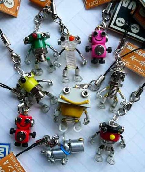 Massanova Electronic Parts Art cell phone charms are made from both recycled and new components. Cell Phone Charms, Phone Charms, Electronic Parts, Electronic Art, Phone Charm, Japanese Art, Artifacts, Decorative Accessories, Cell Phone