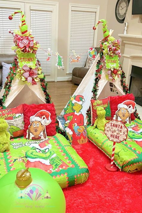 Don't miss this awesome Grinch-themed party! The teepees are so cool! See more party ideas and share yours at CatchMyParty.com Grinch Teepee Party, Grinch Slumber Party, Grinch Christmas Sleepover, Grinch Sleepover Party, Grinch Pinata, Grinch Sleepover, Grinch Birthday Party, Feeling Grinchy, Themed Movie Night