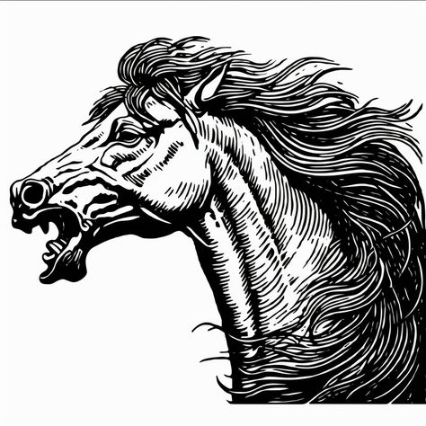 Horse Face Illustration, Woodcut Horse Tattoo, Medieval Horse Tattoo, Horse Lino Print, Linocut Horse, Black Horse Tattoo, Horse Etching, Horse Face Drawing, Black Ink Illustration