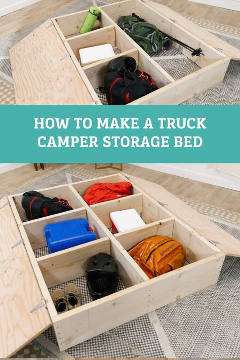 Love truck camping? Build out your kit with this camper storage bed DIY. Storage Bed Diy, Diy Truck Camper, Camping Diy Projects, Spring Diy Projects, Diy Storage Bed, Camper Beds, Truck Bed Camper, Summer Diy Projects, Camping Stool