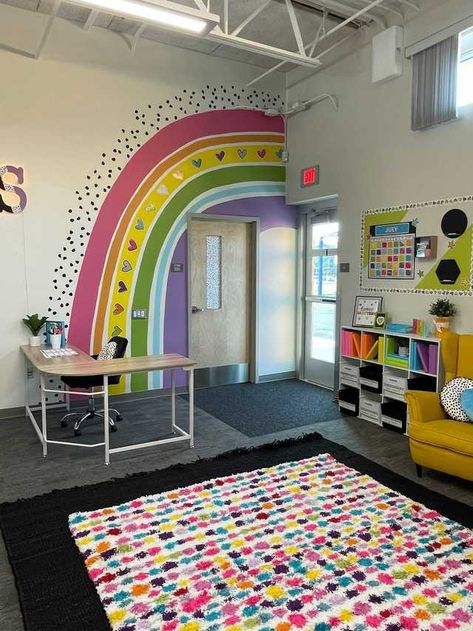 Rainbow Wall Classroom, Classroom Mural Ideas Elementary, Colorful Daycare Classroom, Crayola Theme Classroom, Rainbow Decorations Classroom, Painted Classroom Walls, Classroom Wall Mural, Classroom Painting Ideas Walls, Classroom Birthday Displays