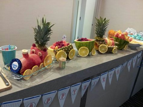 Fruit train for Declan Train Fruit Tray, Baby Shower Fruit Tray, Thomas Train Birthday, Train Theme Birthday Party, Baby Shower Fruit, Fruit Platters, Shaped Fruit, Fruit Creations, Thomas Train