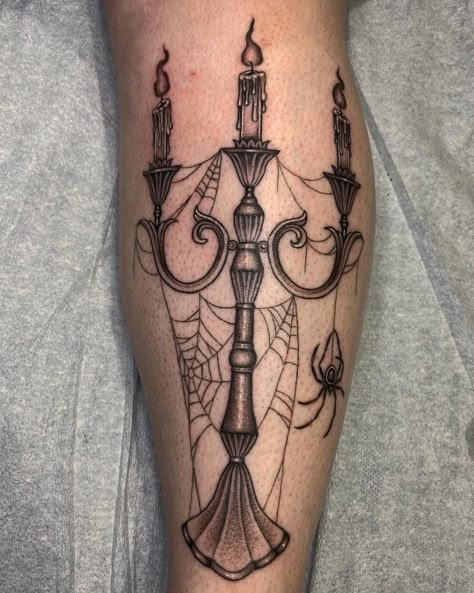 Gothic Candle Tattoo, Night Themed Tattoo, Season Of The Witch Tattoo, Spooky Sleeve Tattoos For Women, Gothic Book Tattoo, Gothic Tattoos For Women Dark Beauty, Gothic Victorian Tattoo, Black Flame Candle Tattoo, Romantic Goth Tattoo