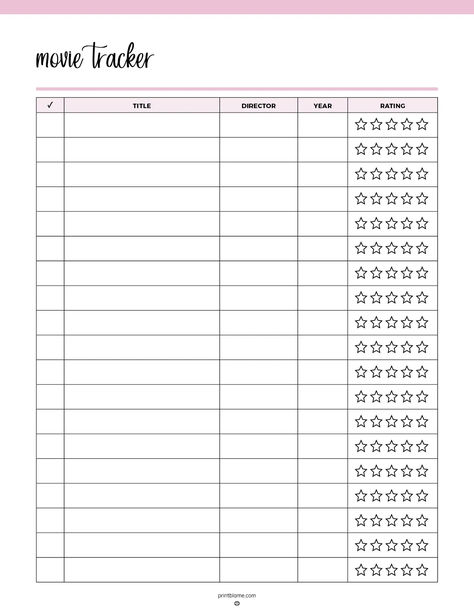 Printable movie tracker with columns for movie title, director, year, and a five-star rating system for each entry. Movies To Watch Printable, Movies Ive Watched Journal, Movie List Template, Movie Rating Template, Movie Tracker Template, Movie Journal Template, Life Organization Binder, Movie Tracker, Organization Binder