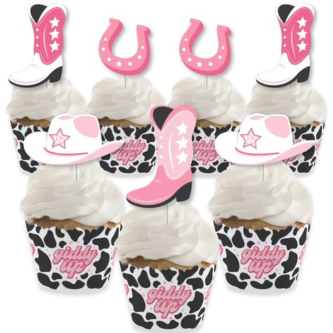 Rodeo Cowgirl Cupcake Wrappers and Treat Picks Kit Includes 24 assorted shaped paper cut-outs, 24 clear treat picks, 24 cupcake wrappers, and adhesive dots for easy assembly. DIY Rodeo Cowgirl cupcake decoration kit is perfect for any Pink Western Party. Plastic clear treat picks size measure 3.5" tall and are packaged in a food-safe environment. Rodeo Cowgirl shaped paper cut-outs vary in size and coordinate well with pick size. Cupcake wrappers are cut with a decorative edge and adjust to fit Pink Western Party, Christmas Party Cupcakes, Christmas Tree Cupcakes, Cow Baby Showers, Easy Party Decorations, Girl Bday Party, Cowgirl Birthday Party, Cupcake Decoration, Western Party