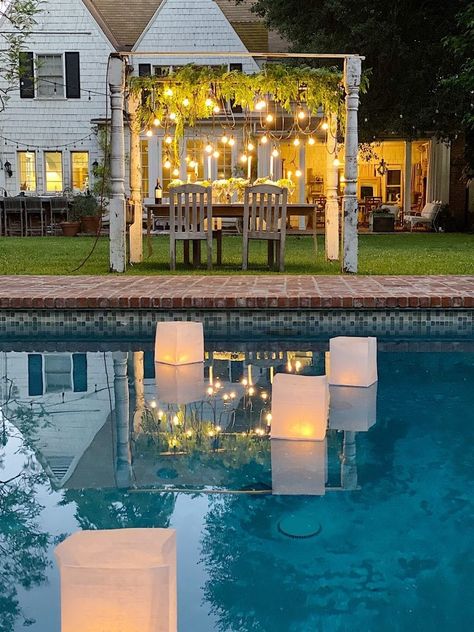 May Day Basket Ideas, Floating Paper Lanterns, May Day Baskets, Floating Pool Lights, Backyard Dinner Party, Sunday Morning Coffee, Pool Wedding, Floating Lanterns, Pool Lights