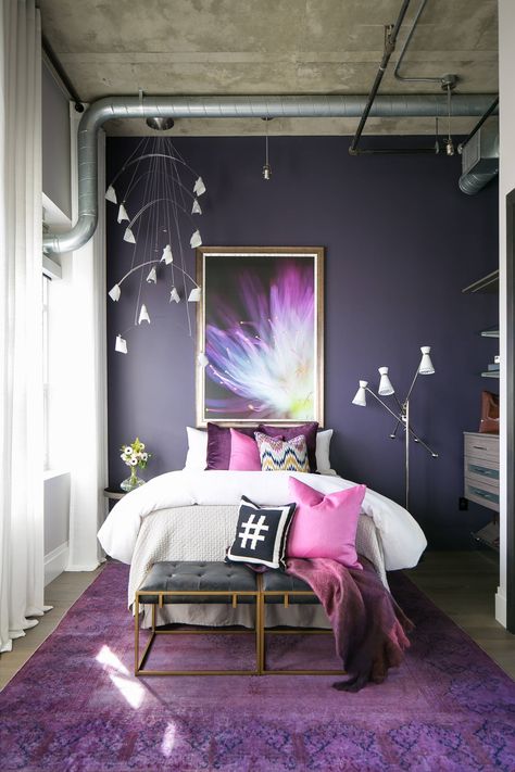 33 Purple Themed Bedrooms With Ideas, Tips & Accessories To Help You Design Yours Purple Themed Bedroom, Purple Bedroom Design, Loft Style Living, Purple Bedroom Decor, Bedroom Purple, Grey Bedroom Decor, Purple Bedrooms, Loft Stil, Purple Bedroom