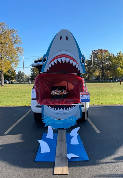 Shark Golf Cart Decorations, Water Themed Trunk Or Treat, Trunk Or Treat Underwater, Halloween Shark Decorations, Trunk Or Treat Car Games, Trunk Or Treat Ideas For Tahoe, Bubble Trunk Or Treat, Shark Week Trunk Or Treat, Scuba Trunk Or Treat