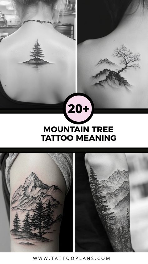 This pin highlights the meanings behind mountain and tree tattoos using 4 engaging images showcasing nature-inspired designs, emphasizing strength and tranquility. Mountain Ash Tree Tattoo, Tree Couple Tattoo, Forearm Tattoo Women Mountains, Larch Tattoo, Tree Tattoo On Hand, Moutain Tattoos Fine Line, Nature Shoulder Tattoo, Mountain Tree Tattoo, Mountain And Tree Tattoo