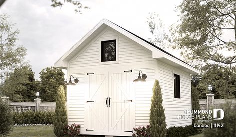 Discover the plan 1921 (Caribou) which will please you  for its Farmhouse styles. Shed Door Colors, Barn Garage Doors, Storage Shed House, Farmhouse Pool House, Barn Shed Ideas, Barn Renovation Ideas, Outdoor Shed Ideas, Farm Storage Buildings, Shed Exterior Ideas