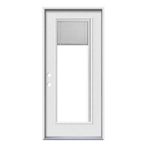 Shop JELD-WEN 32-in x 80-in Steel Full Lite Right-Hand Inswing Primed Prehung Single Front Door with Blindsundefined at Lowe's.com. JELD-WEN Steel doors are a budget friendly choice for homeowners to provide a safe and secure entrance that performs and looks great. Their durable and classic Skoolie Ideas, Yellow Laundry Rooms, Laundry Door, Laundry Room Lighting, Exterior Doors With Glass, Door Sweep, Door Blinds, Glass Panel Door, Door Manufacturer