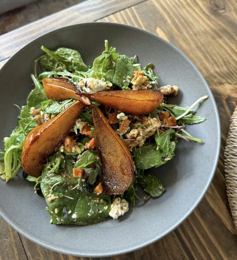 warm balsamic pear salad - The Food Dragon Food Dragon, Diced Sweet Potatoes, Whole Grain Mustard, Maple Vinaigrette, Gluten Free Holiday, How To Make Bacon, Pear Salad, Organic Maple Syrup, Spring Mix