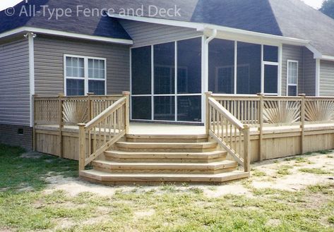 Deck with corner stairs Deck Step Ideas, Corner Stairs, Rental Remodel, Corner Deck, Screened Room, Beautiful Decks, Deck Step, Step Ideas, Deck Steps