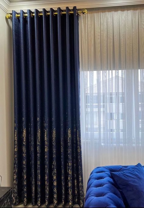 Blue And Gold Curtains, Navy Blue Furniture, Navy Curtains, Faux Silk Curtains, Silver Curtains, Curtain Bedroom, Velvet Drapes, Gold Curtains, Luxury Curtains