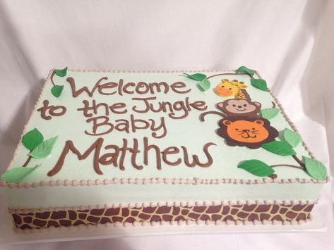 jungle sheet cake Jungle Baby Shower Ideas, Safari Party Foods, Jungle Baby Shower Cake, Animal Baby Shower Cake, Baby Shower Sheet Cakes, Safari Baby Shower Cake, Jungle Theme Cakes, Jungle Theme Baby Shower, Baby Shower Cake Ideas