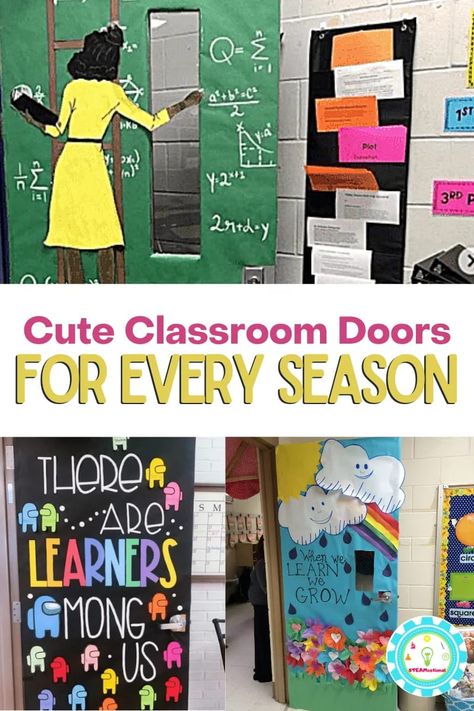 These classroom door ideas are tons of fun! So many classroom door themes for every season, holiday, and month! Year Round Door Decorations Classroom, Classroom Door Vinyl Ideas, Seasonal Door Decor, April Teacher Door Ideas, Teacher Appreciation Doors Ideas, 4th Grade Classroom Door Ideas, Reading Door Decorating Ideas, Seasonal Classroom Decorations, Classroom Door Themes Elementary