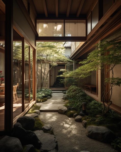 Transitional Japanese interior design concepts✨🤍 Filled with natural materials and natural sunlight! Want your space designed? Let us help! More information on our website, link in bio! #interiordesign #interior Japandi Garden Ideas, Outdoor Spaces Ideas, Japanese House Interior, Japanese Gardens Design Ideas, Patio Landscape Design, Resort Interior Design, Outdoor Patio Ideas Backyards, Japanese Style Garden, Japanese Garden Landscape