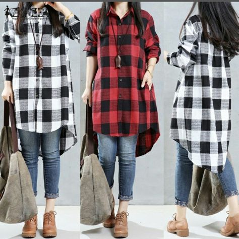 Check Shirts For Girls, Checked Shirt Outfit Women, Checked Shirt Outfit, Long Shirt Outfits, Checked Shirt Dress, Plaid Dress Shirt, Kurta Designs, Long Tops, Shirts For Girls