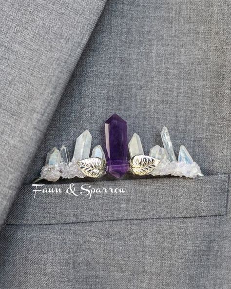 Fawn & Sparrow Crystal Crowns on Instagram: "Amethyst collection for the entire wedding party! We handcraft this is silver or gold. 😍Tiara, pocket boutonniere, comb and hair stick coordinate in this ethereal look. 🍃💕 You can find our shops on our main page. 🫶🫶

#amethystjewelry  #fairywedding #crystalwedding #amethyst #weddinghair #bridesmaidshair #pocketboutonniere #weddingideas #groominspiration" Handmade Amethyst Gemstones For Weddings, Crystal Wedding Pins, Silver Crystal Wedding Pins, Amythest Crystal Crown, Amethyst Cufflinks, Fairy Wedding, Crystal Crown, Amethyst Jewelry, Crystal Wedding