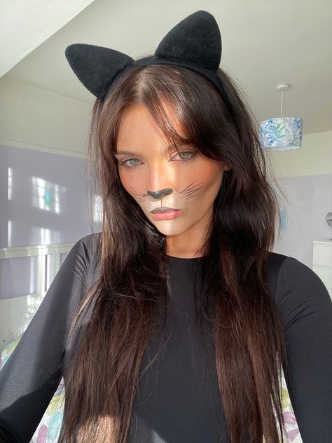 Picture of girl wearing cat ears, with cat make up on which includes whiskers, a black nose and white highlighting around the mouth. Cat Makeup Halloween Simple, Scary Black Cat Costume, Cat Halloween Costume Makeup, Scary Cat Makeup, Black Cat Makeup Halloween, Easy Cat Makeup Halloween, Cat Makeup Halloween Pretty, Cute Cat Makeup, Cat Makeup Look