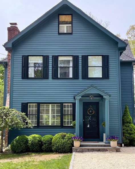 All Black and Blue — DESIGNPORT Blue And Black Exterior House, Blue Siding House White Trim, Small Blue House, Blue Siding House, Gallery Wall Guide, Beautiful Houses Exterior, Blue Siding, Dark Trim, House Color